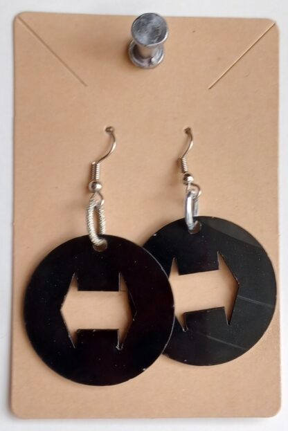 Black  Vinyl Circle with Arrow cut out (Side ways)   Earrings (Bright Wire)