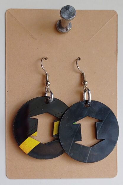 Black Vinyl Circle with Arrow Cut Out (Up and Down) Earrings (Bright Wire)