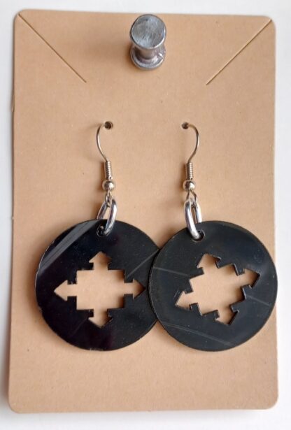 Black  Vinyl Circle with four direction Arrow cut out  Earrings (Bright Wire)