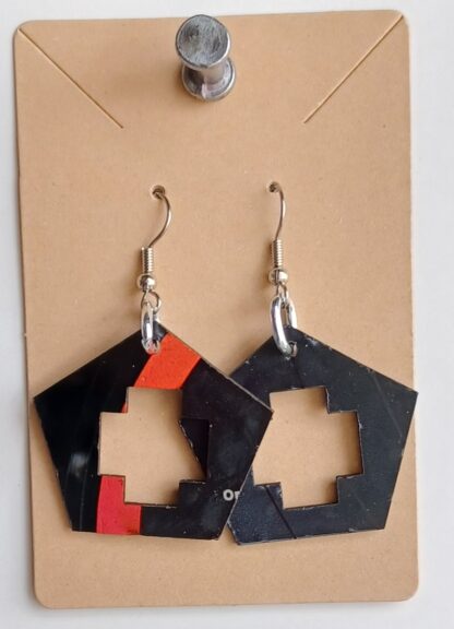 Black Vinyl Octagon with Label Earrings (Bright Wire)