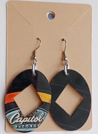 Black Vinyl Oval Diamond Cut Out  Earrings (Bright Wire)